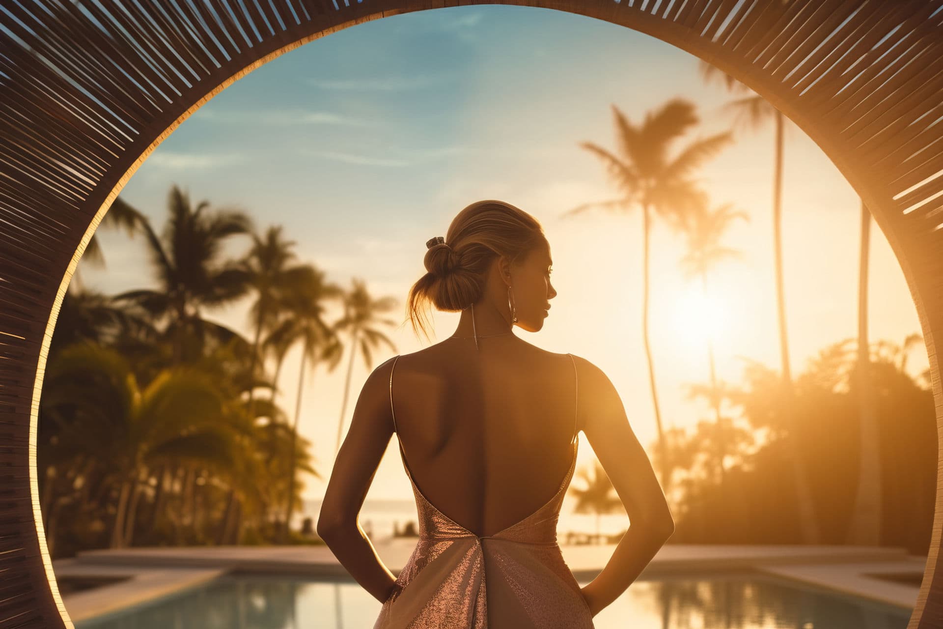 Mulher observa o pôr do sol entre coqueiros, à beira de uma piscina