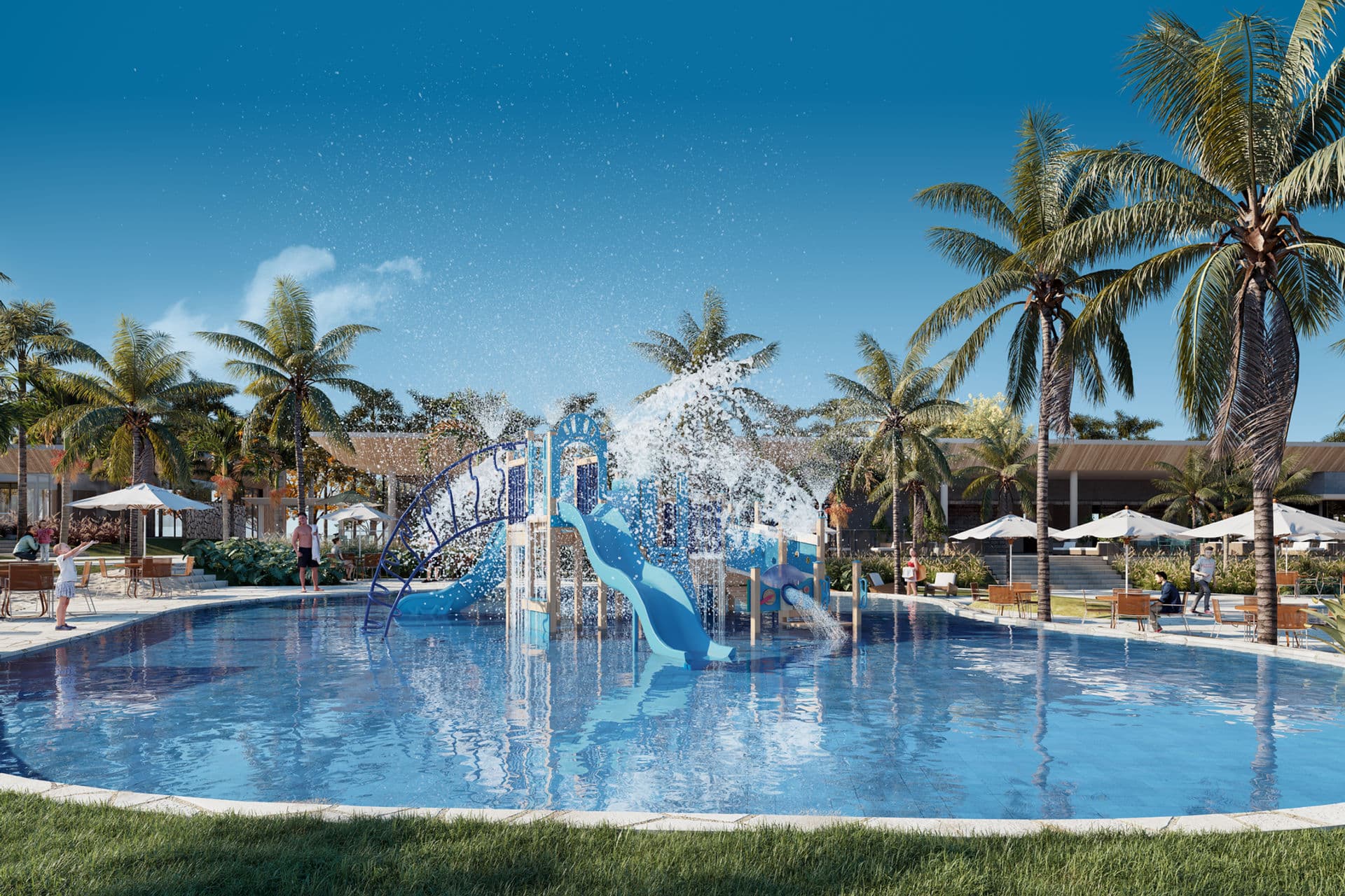 Render da piscina do Vila Noah com toboáguas e coqueiros