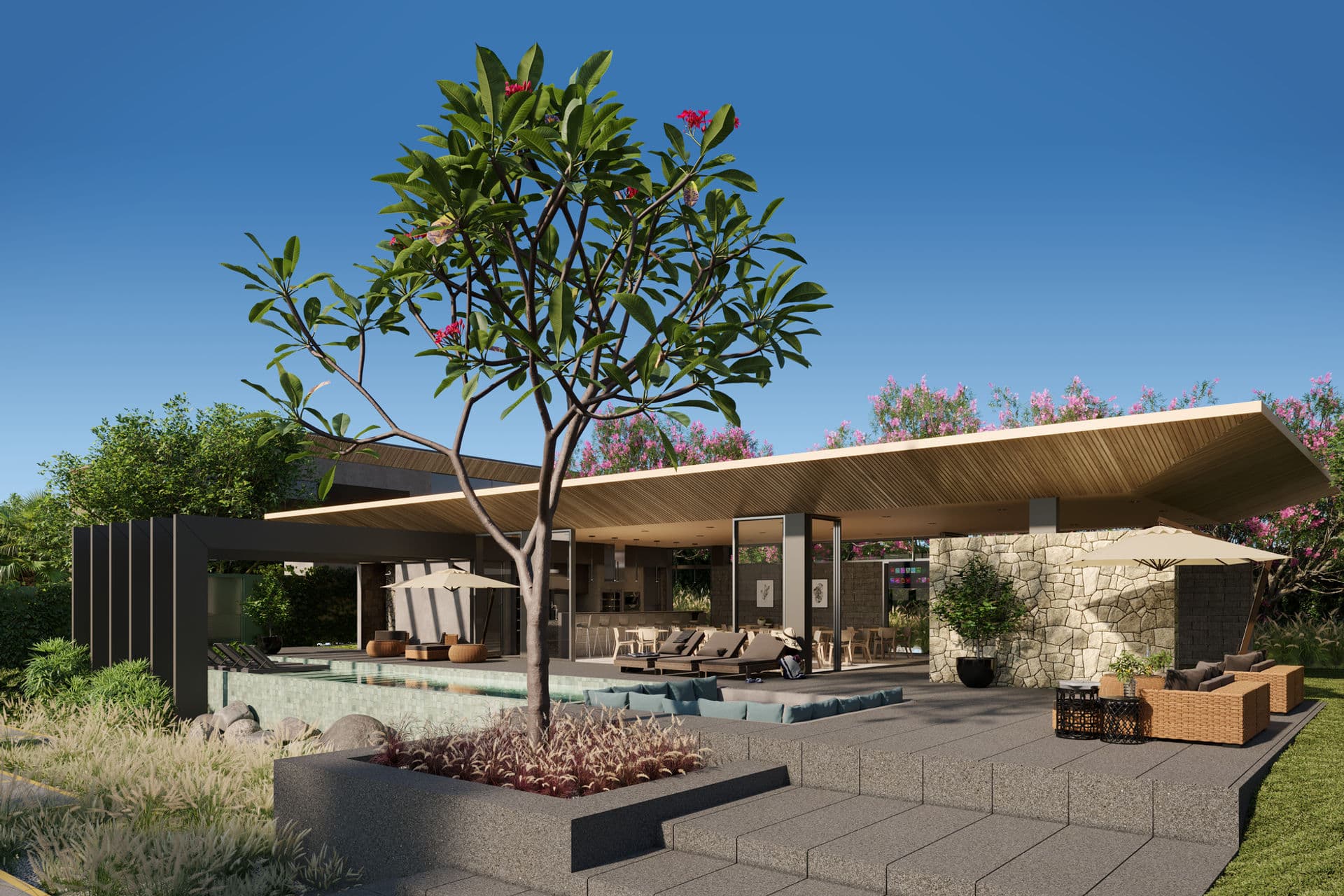 Render de espaço de convivência coberto do Vila Noah, com deck, piscina e árvores