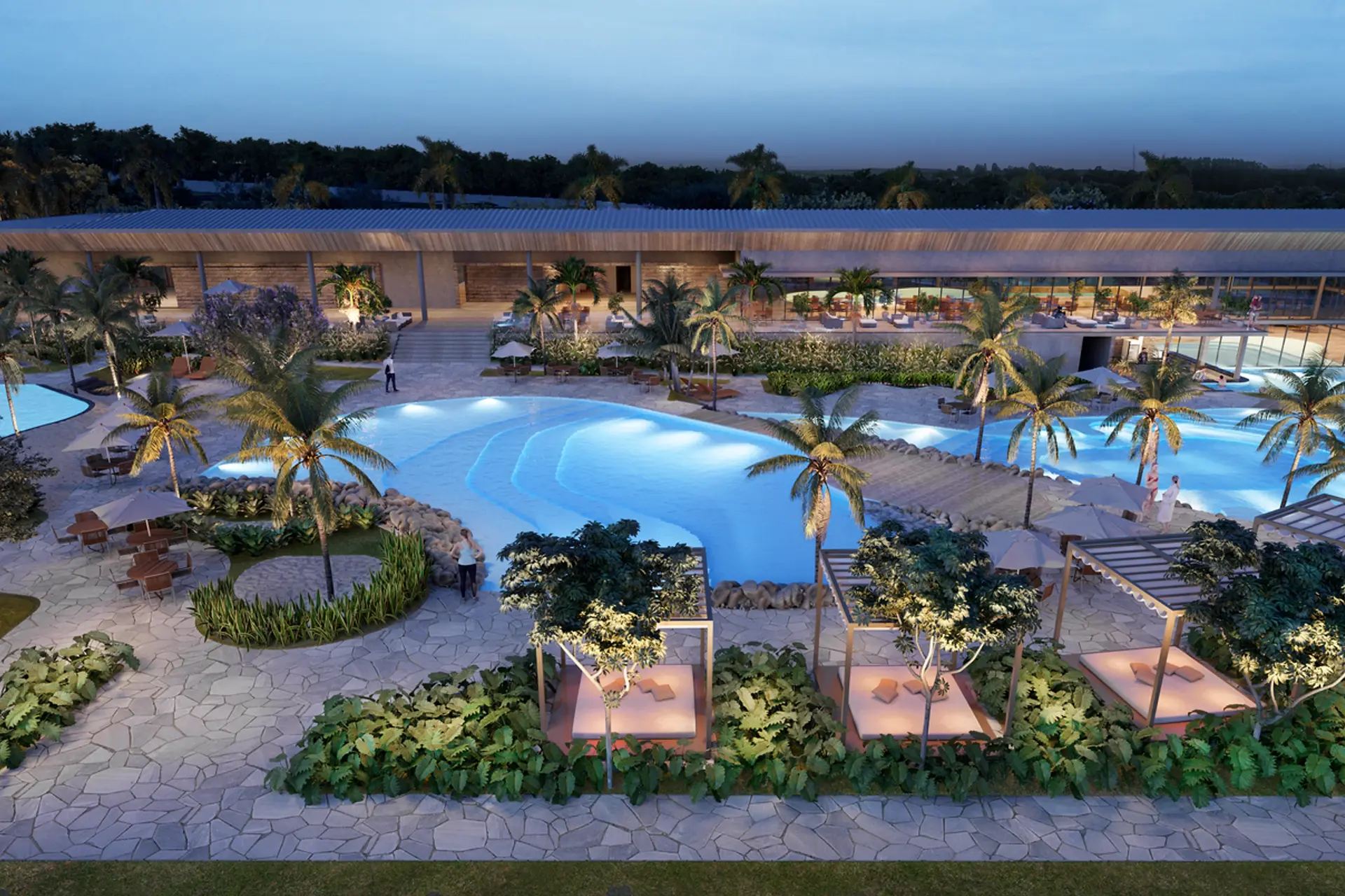 Render do complexo de piscinas do Vila Noah ao entardecer, cercado por coqueiros e vegetação